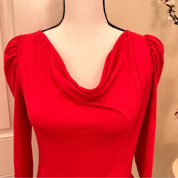 2 cowl drape neck, peplum flared waist, zipper coral black long sleeve tops - Picture 14 of 15